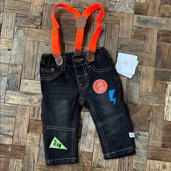 Rosie Pope Baby Boy Black Jeans Suspenders Appliqués NWT Size 0-3 months - Picture 2 of 10